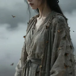 close - up of a woman in tattered robes, in a cloud of moths. in a liminal space. dramatic. cinematic. concept art. 4 k, ultra - high - definition