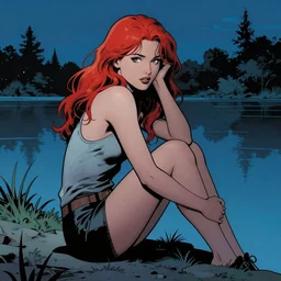 a beautiful comic book illustration of a woman with long red hair sitting near a lake at night by darwyn cooke, featured on artstation