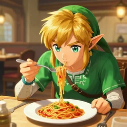 in game footage of link from the legend of zelda breath of the wild eating spaghetti at a restaurant, breath of the wild art style.