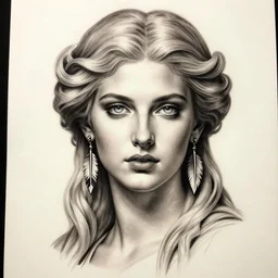 tattoo sketch of beautiful greek goddess aphrodite with arrowhead earrings, beautiful feather jewelry, beautiful piercing eyes, flowing blonde hair, realistic face, hyper realistic, in the style of greg rutkowski, fantasy, amazing detail, epic, elegant, smooth, sharp focus, from the front