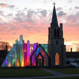 stunning modern renovation of village church at dawn, huge shards of translucent coloured perspex, architectural photography