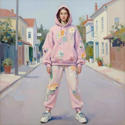 martha hunt wearing a hoodie standing in a township street in the style of martine johanna, street clothing, haute couture! fashion!, full figure painting by andrei riabovitchev, tara mcpherson, david choe, decorative flowers, detailed painterly impasto brushwork, pastel color palette, die antwoord