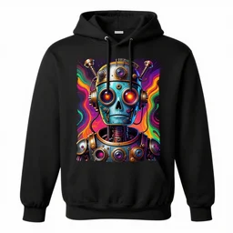 mockup of a black hoodie with a hyperdetailed portrait of a steampunk robot on lsd in robert crumb style, 8 k, symetrical, flourescent colors, trippy mood, multicolored,