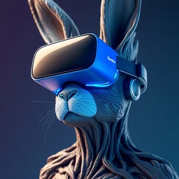 rabbit groot blue vr glasses headset by artstation, many cables, deviantart, artfol, artbox, cgsociety, gfxartist, artful, zatista, artpal, instagram, blendernation, frank stella, beeple, giger, kopera, zawadzki, abstract, surrealism, hyperrealism, futurism 4 k, octane