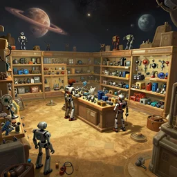 inside a store that sells robot parts, in a remote outpost, on a remote planet, from a point and click 2 d graphic adventure game, set design inspired slightly by tomb raider, art inspired by [ thomas kinkade ] and mark keathley