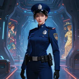 portrait futuristic planet neptune police uniform female, in a future huge spaceship internal, neon light, ssci - fi and fantasy, intricate and very very beautiful and elegant, highly detailed, digital painting, artstation, concept art, smooth and sharp focus, illustration, art by tan zi and ayanamikodon and alphonse mucha and wlop