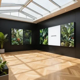 hyperdetailed samsung store interior. greenhouse, sunlight, warm. oak parquet, black walls, digital walls, plants