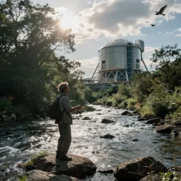 a man fishing into a flowing river with trees and a sci - fi nuclear containment building in the background, a sense of hope and optimism, stark light, birds overhead