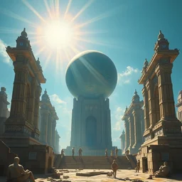 futuristic solarpunk temple of atlantis with a giant sphere and bright sun rays 8 k highly detailed hyperornate high contrast and sharp oil painting by marc simonetti and caspar david friedrich, trending on artstation