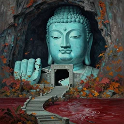 a gorgeous bleak autumn painting by barlowe wayne, maxfield parrish, gustave dore and marco mazzoni. close - up shot on a lonely huge chinese buddha statue, broken, stone gate to the dark cave. tiffany blue, maroon, blackish green. the winding stone steps. ultra clear detailed. 3 d, octane render. turbulent blood lake.