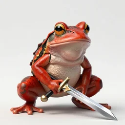 A human-ish red frog with a sword in hand, digital art, beautiful, wallpaper 4K, epic, detailed, sharp, trending on artstation and behance