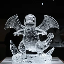 clear ice sculpture of charmander, photography