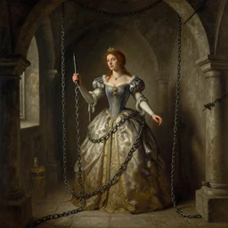 detailed interior of medieval dungeon, princess in chains, epic atmosphere, by greg rutkowski, nature by asher brown durand