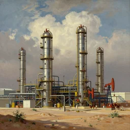 detailed cinematic wide shot of oil refinery power plant in the arabian desert, spring light, painting by gaston bussiere, craig mullins, j. c. leyendecker