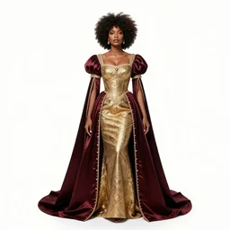 afro-haired queen in royal gown, studio photography, full body, standing, isolated on a pure white background, centered, whole figure in frame, sharp focus, studio lighting