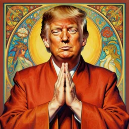 Donald Trump bodhisattva, praying, prayer hands, 1967 psychedelic portrait art by artgerm and greg rutkowski and alphonse mucha