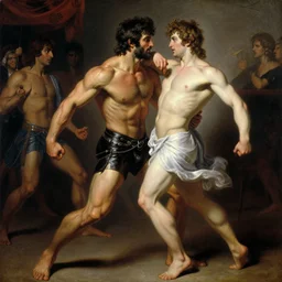 muscular zeus wears leather at a dance club and falls in love with the handsome god jupiter, painting by gaston bussiere, craig mullins, j. c. leyendecker, tom of finland