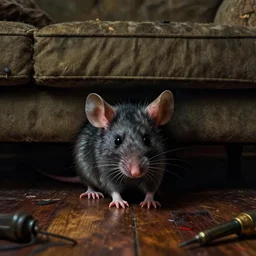 cinematic colorful horror artwork by artgerm, beksinski, stephen king ; real life full portrait of ugly furry mouse hiding under couch at living room floor ; dark ominous scary, 8 k hdr, creepy intricate ; volumetric dramatic lighting, insanely detailed, haunting