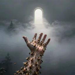 man's hand and arm reaching out of thick fog, small arched doorway of light at top, bees swarming man's body, psychedelic, zdzislaw beksinski