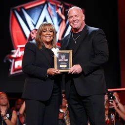 chris benoit on stage being inducted into the wwe hall of fame with nancy benoit by his side