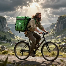 a bearded and long haired bicycle food delivery worker with a green bag on his back in ireland, he has boots, hearthstone art style, epic fantasy style art by kim jung gi, fantasy epic digital art