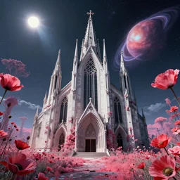 a beautiful hyperdetailed render of abandoned urbex church building by oscar niemeyer, bioshock wilderness cosmic universe extraterrestial retrowave tokyo flowers postcyberpunk infrared tundra poppy alien at night sunlight uranus, archdaily, wallpaper, highly detailed, trending on artstation.