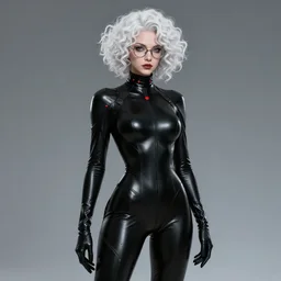 pandemonica from helltaker, curly white hair, glasses, donning a tight black latex suit with small red accents, long sleeves, turtleneck, art, trending on artstation, by vanripper
