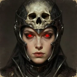 dystopia futuristic dark souls knight with red glowing eyes as an eldritch realistic fantasy character, closeup portrait art by donato giancola and greg rutkowski, vintage retro, realistic face, digital art, trending on artstation, eldritch skull helmet, symmetry!!