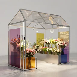 flower retail store, minimal, stainless steel and color glass, frame magazine, archidaily, parametric dot lamp, contemporary art and sculpture for flower, trending on artstation, octane rendering, gable structure