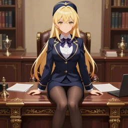 blonde anime woman with long hair, wearing headmistress uniform, sophisticated young woman, pantyhose, authority, sitting in dean's office, ornate designs on desk, sharp details, subsurface scattering, intricate details, art by artgerm, greg rutkowski, hd wallpaper, 2 0 1 9 anime screenshot