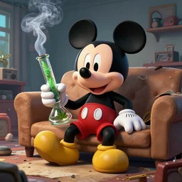mickey mouse holding a cannabis glass bong while sitting on a couch in a messed up apartment, smoke, digital art, highly detailed, artstation, sharp