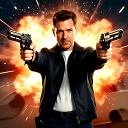 Mr. Rogers as an action movie poster dual wielding high-caliber pistols with explosions in the background