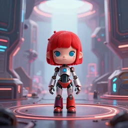 a centered render of one little robot girl with red hair full body in the middle of materverse and utopia, trending on artstation, cyber punk, futurism, unreal engine, high detailed, 8 k, landscape