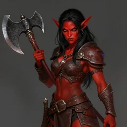 portrait of a female hobgoblin barbarian with vibrant red skin wielding ( great axe ) in her hands, black hair, wearing leather armored vest, ready for battle, dungeon's & dragons, fantasy portrait, digital illustration, deviantart artstation, by jesper ejsing