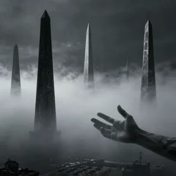 arm reaching out of thick fog, tall skinny obelisks in background, intricate zdzislaw beksinski