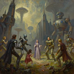 background characters from an adventure game  theme of wizards and robots science fiction 1930s future (oil paint on canvas)