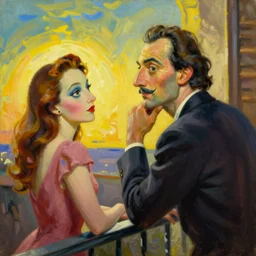 a man looking out from the balcony thinking about the person he is in love with. oil canvas in the style of Dali
