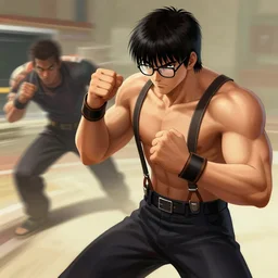 Tekken 4 fighter anime Stunning Portrait Urkel fighting with suspenders by Greg Rutkowski, short black fro hair, nerdy glasses, nerdy face, in a fighting stance, A man attacks super speed, digital painting, artstation, concept art, soft light, hdri, smooth, sharp focus, illustration, art by tian zi, craig mullins, Mark Arian, WLOP, alphonse mucha