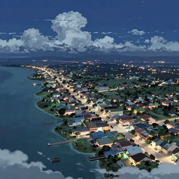 an overview from 500 feet in the air of a small coastal Florida town at night, a still from an anime movie, clouds in the sky, downtown in the distance