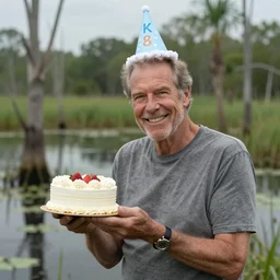 portrait photo still of levar burton holding a small cake, wearing a birthday hat, in a swamp, 8 k, 8 5 mm f 1. 8