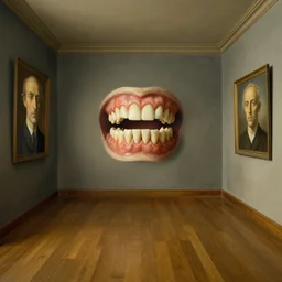 a teratoma full of crooked teeth in the middle of an empty room painted by goya and giorgio de chirico