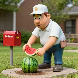 Fred Flintstone dressed as a mailman planting a watermelon in an aca9demy, Sculpture, Hyperrealistic