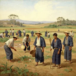 a painting of japanese immigrants in a farming community in brazil in 1 9 0 9