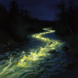glowing river, evocative, dark night, detailed, award - winning, trending on artstation artwork by thomas kinkade,