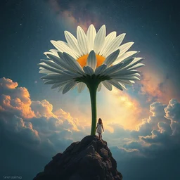 giant white daisy flower over head, girl standing on rocky cliff, surreal photography, super nova, milky way, dramatic light, impressionist painting, colorful clouds, digital painting, artstation, simon stalenhag