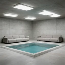 upholstered sofas fluorescent ceiling lighting rectangular water pond in a large minimalistic concrete rectangular room with no windows, a tilt shift photo by leandro erlich, featured on cg society, kitsch movement, hall of mirrors, high dynamic range, studio portrait