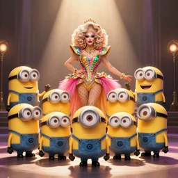 a tv still from the show rupaul’s drag race where the competitors are minions dressed in drag