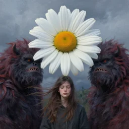 closeup, giant daisy flower as head, girl between the monsteras, surreal photography, wind and cold, dramatic sky, impressionist painting, digital painting, artstation, simon stalenhag