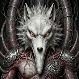 a human with wolf head, naraka buddhist demon japan, thailand art, tubular creature, blood vesels, dystopian surrealism, artstyle alex ries zdzisław beksinski, symmetry accurate features, very intricate details, high resolution, symmetrical long head, smooth marble surfaces, detailed ink illustration, metal gear, cinematic smooth stone, deep aesthetic, concept art