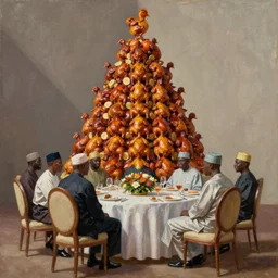 president muhammadu buhari sitted at a lavish banquet with a large bastion of chicken minimalist solid background in the style of edward hooper and henri matisse oil painting